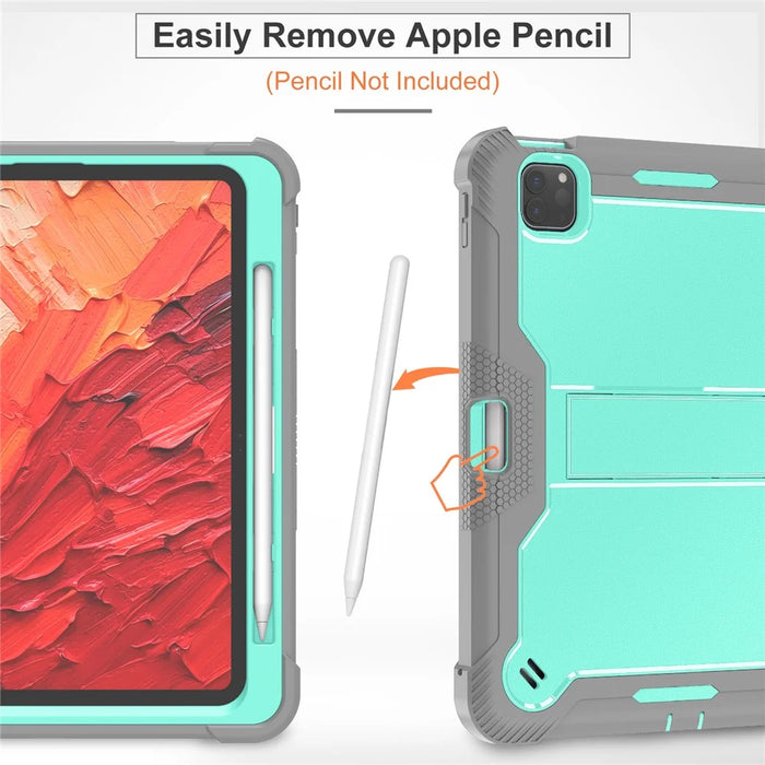 For iPad Pro 11 (2025) / 11 (2024) Case Hard PC and Soft Silicone Tablet Cover with Bracket Kickstand - Grey+Mint Green - 3