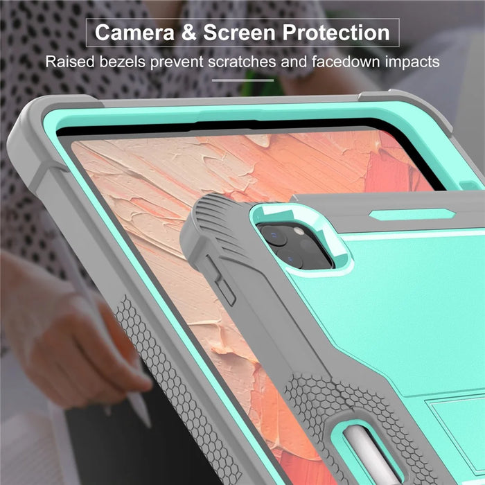 For iPad Pro 11 (2025) / 11 (2024) Case Hard PC and Soft Silicone Tablet Cover with Bracket Kickstand - Grey+Mint Green - 4