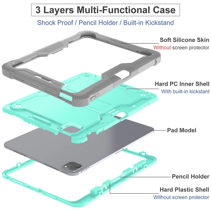 For iPad Pro 11 (2025) / 11 (2024) Case Hard PC and Soft Silicone Tablet Cover with Bracket Kickstand - Grey+Mint Green - 7