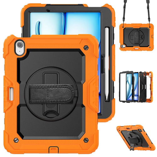 For iPad Air 11 (2026) / (2025) / (2024) Case Rotating Kickstand PC+Silicone Tablet Cover with Screen Film / Shoulder Strap - Orange - 1