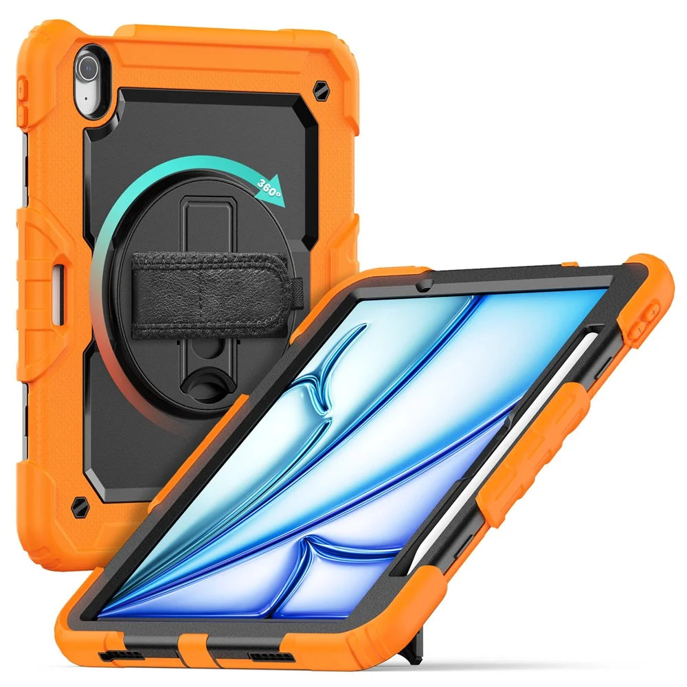 For iPad Air 11 (2026) / (2025) / (2024) Case Rotating Kickstand PC+Silicone Tablet Cover with Screen Film / Shoulder Strap - Orange - 2