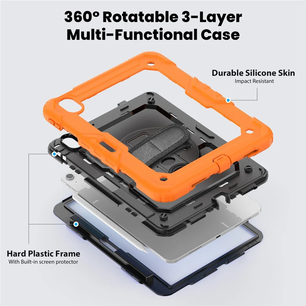 For iPad Air 11 (2026) / (2025) / (2024) Case Rotating Kickstand PC+Silicone Tablet Cover with Screen Film / Shoulder Strap - Orange - 4