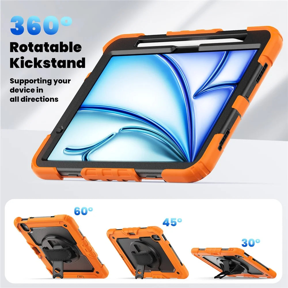 For iPad Air 11 (2026) / (2025) / (2024) Case Rotating Kickstand PC+Silicone Tablet Cover with Screen Film / Shoulder Strap - Orange - 7