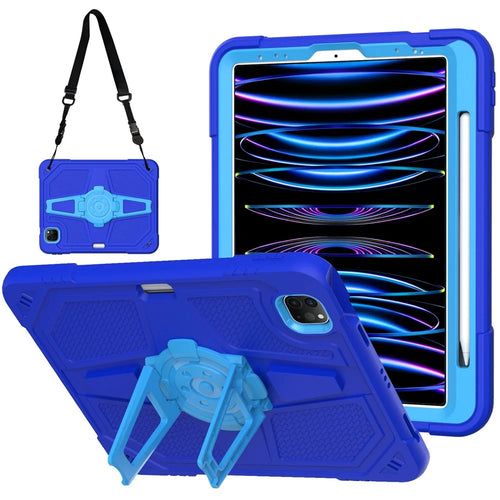 For iPad Pro 11-inch (2018) / (2020) / (2021) / (2022) / Air (2020) / (2022) Case with Strap, PC + Silicone Kickstand Tablet Cover - Blue - 1