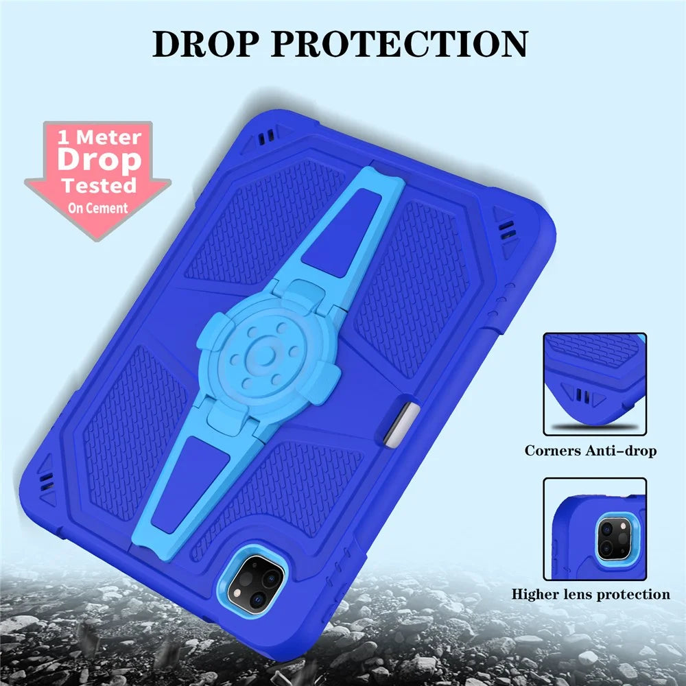 For iPad Pro 11-inch (2018) / (2020) / (2021) / (2022) / Air (2020) / (2022) Case with Strap, PC + Silicone Kickstand Tablet Cover - Blue - 2