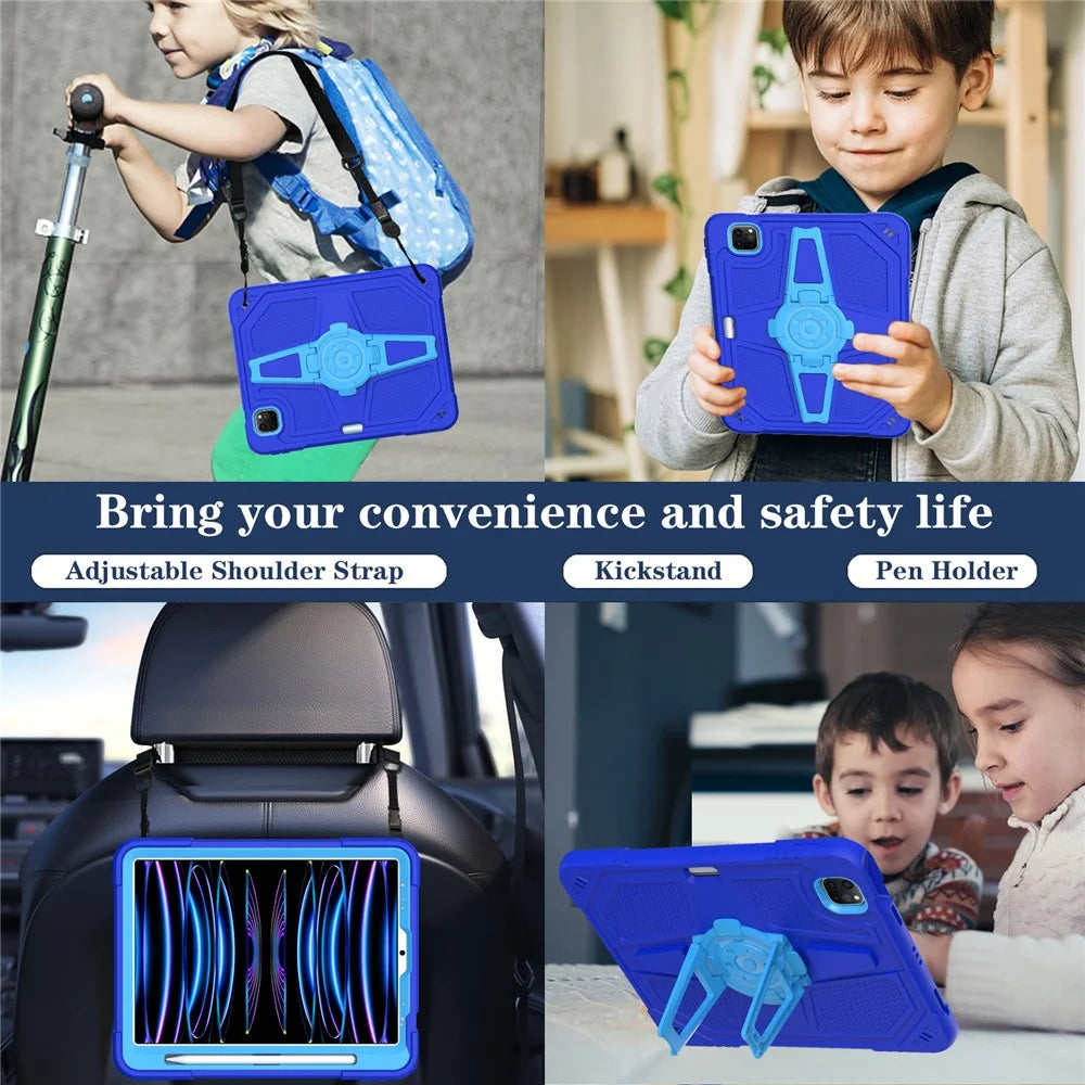 For iPad Pro 11-inch (2018) / (2020) / (2021) / (2022) / Air (2020) / (2022) Case with Strap, PC + Silicone Kickstand Tablet Cover - Blue - 5