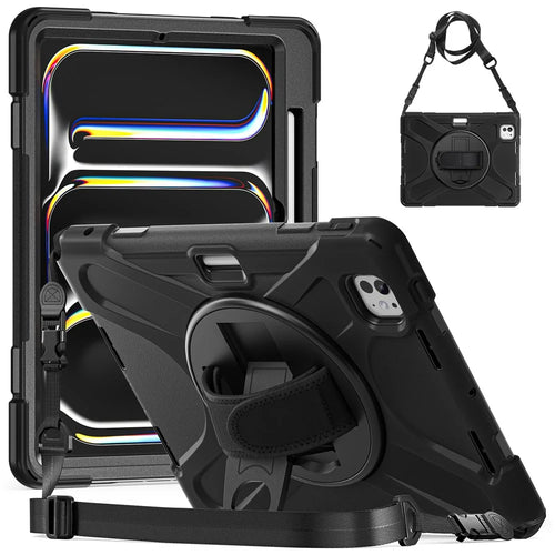 For iPad Pro 11 (2025) / 11 (2024) Case PC+Silicone Kickstand Tablet Cover with Hand Strap and Shoulder Strap - Black - 1