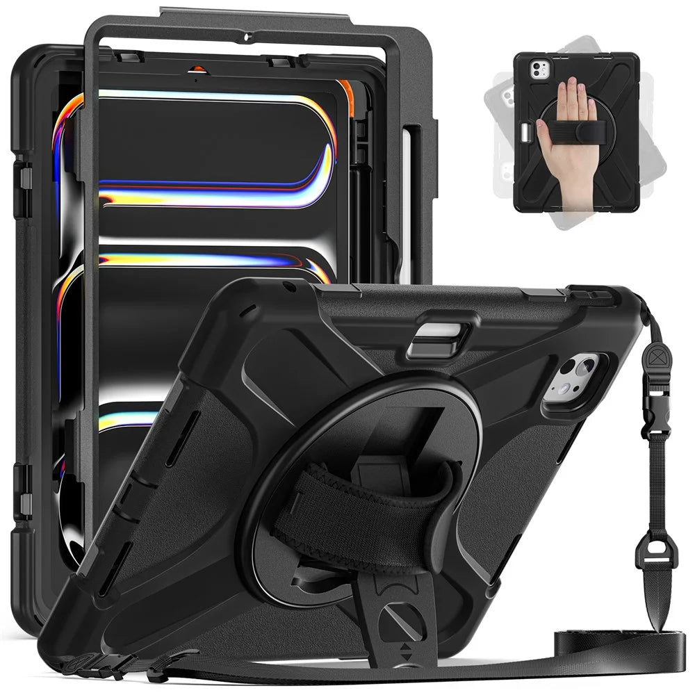 For iPad Pro 11 (2025) / 11 (2024) Case PC+Silicone Kickstand Tablet Cover with Hand Strap and Shoulder Strap - Black - 2