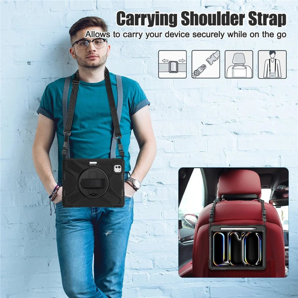 For iPad Pro 11 (2025) / 11 (2024) Case PC+Silicone Kickstand Tablet Cover with Hand Strap and Shoulder Strap - Black - 3