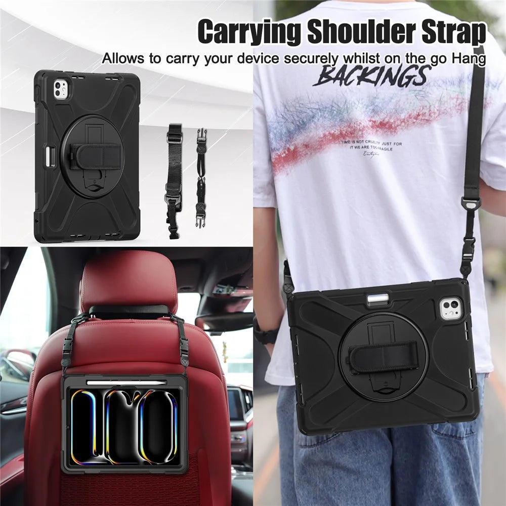 For iPad Pro 11 (2025) / 11 (2024) Case PC+Silicone Kickstand Tablet Cover with Hand Strap and Shoulder Strap - Black - 4