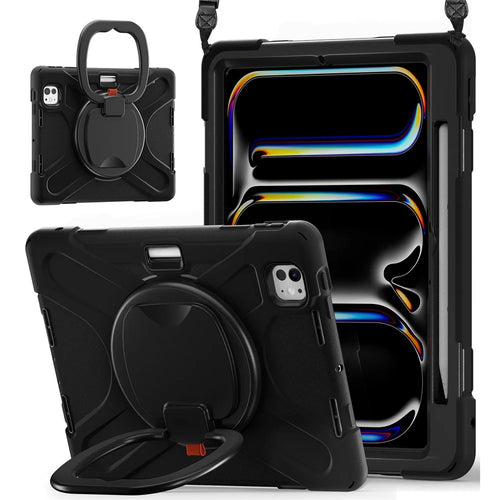 For iPad Pro 11 (2025) / 11 (2024) Case Kickstand PC+Silicone Tablet Cover with Shoulder Strap - Black - 1