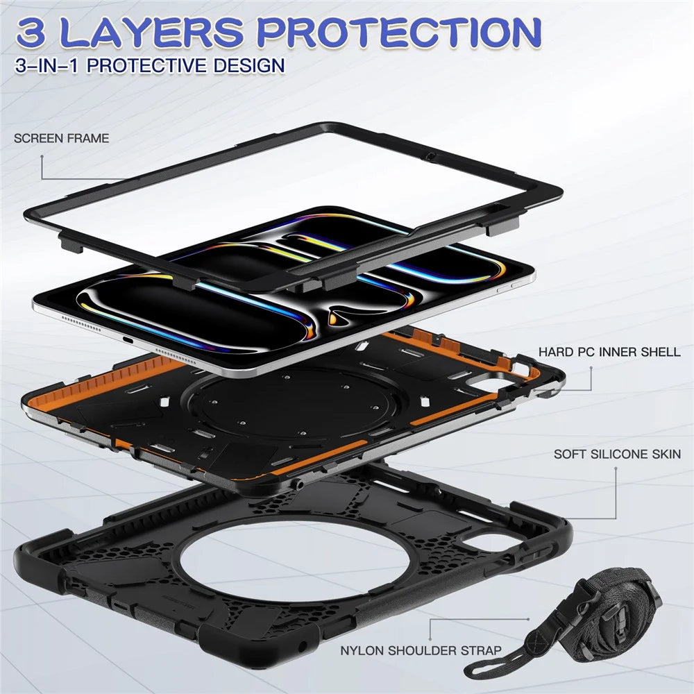 For iPad Pro 11 (2025) / 11 (2024) Case Kickstand PC+Silicone Tablet Cover with Shoulder Strap - Black - 2