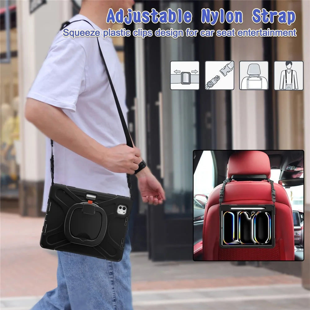 For iPad Pro 11 (2025) / 11 (2024) Case Kickstand PC+Silicone Tablet Cover with Shoulder Strap - Black - 4