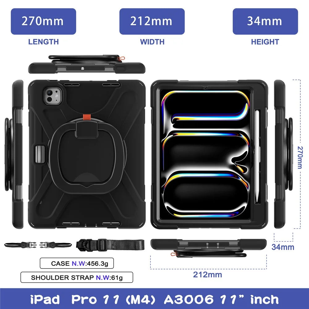 For iPad Pro 11 (2025) / 11 (2024) Case Kickstand PC+Silicone Tablet Cover with Shoulder Strap - Black - 5