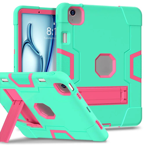 For iPad Air 11 (2026) / (2025) / (2024) Case Robot Style Silicone+PC Anti-Drop Tablet Cover with Kickstand - Mint Green  /  Rose - 1