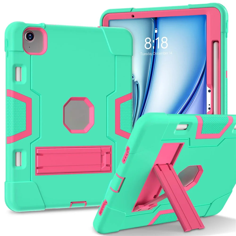 For iPad Air 11 (2026) / (2025) / (2024) Case Robot Style Silicone+PC Anti-Drop Tablet Cover with Kickstand - Mint Green  /  Rose - 2