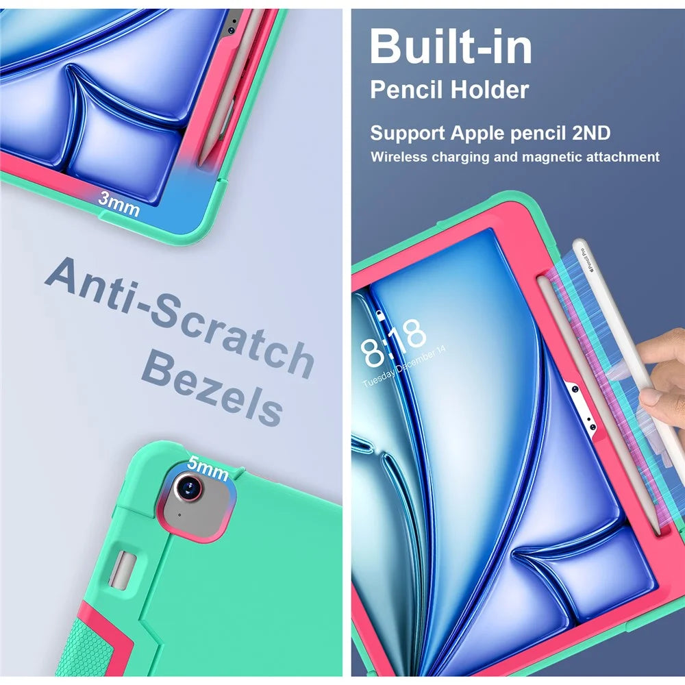 For iPad Air 11 (2026) / (2025) / (2024) Case Robot Style Silicone+PC Anti-Drop Tablet Cover with Kickstand - Mint Green  /  Rose - 5