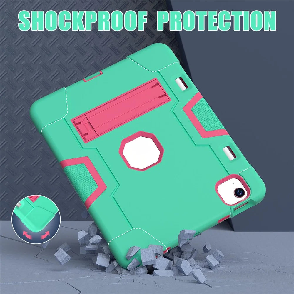 For iPad Air 11 (2026) / (2025) / (2024) Case Robot Style Silicone+PC Anti-Drop Tablet Cover with Kickstand - Mint Green  /  Rose - 6