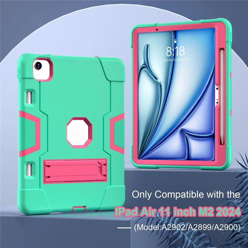 For iPad Air 11 (2026) / (2025) / (2024) Case Robot Style Silicone+PC Anti-Drop Tablet Cover with Kickstand - Mint Green  /  Rose - 7