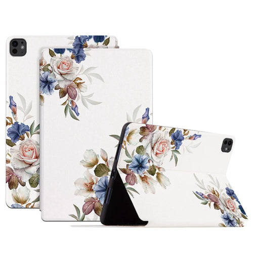 For iPad Pro 11 (2025) / 11 (2024) Case Flower Pattern Flip Stand Leather Smart Tablet Cover - White Flower Bush - 1