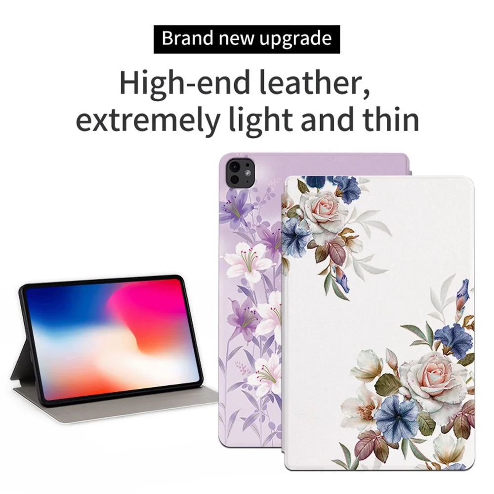 For iPad Pro 11 (2025) / 11 (2024) Case Flower Pattern Flip Stand Leather Smart Tablet Cover - White Flower Bush - 2