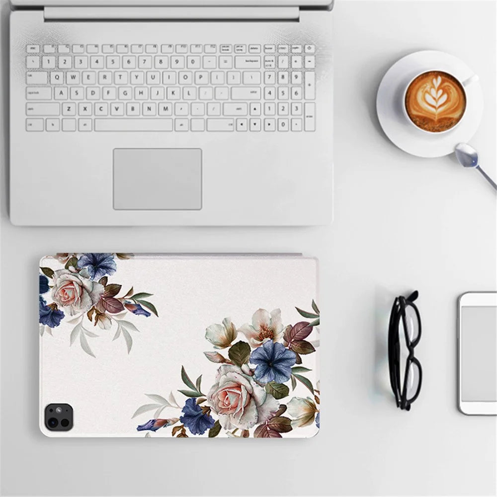 For iPad Pro 11 (2025) / 11 (2024) Case Flower Pattern Flip Stand Leather Smart Tablet Cover - White Flower Bush - 7