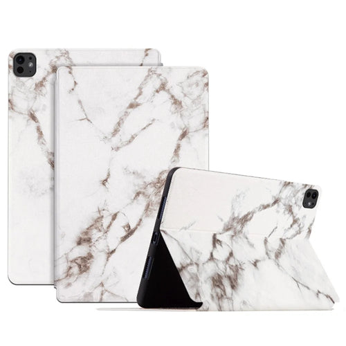 For iPad Pro 11 (2025) / 11 (2024) Case Pattern Print PU Leather Tablet Flip Cover - White Marble - 1