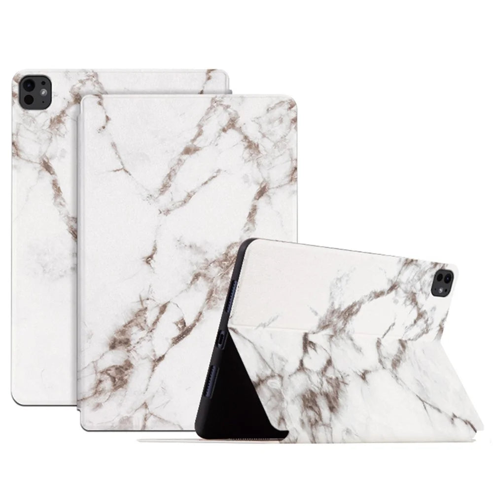 For iPad Pro 11 (2025) / 11 (2024) Case Pattern Print PU Leather Tablet Flip Cover - White Marble - 1
