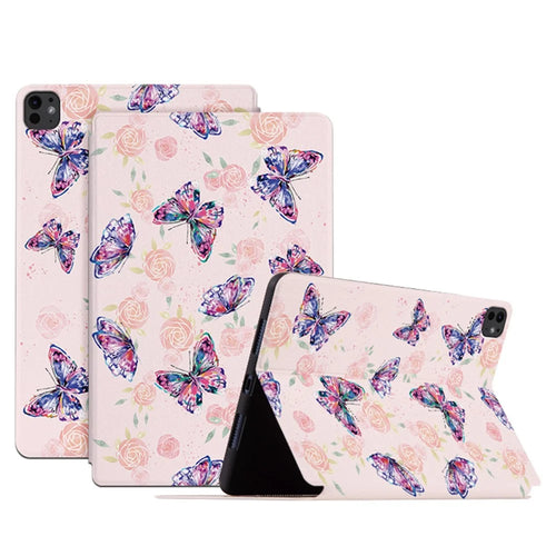 For iPad Pro 11 (2025) / 11 (2024) Case Butterfly Pattern PU Leather Smart Folio Tablet Cover - Rose Butterfly - 1