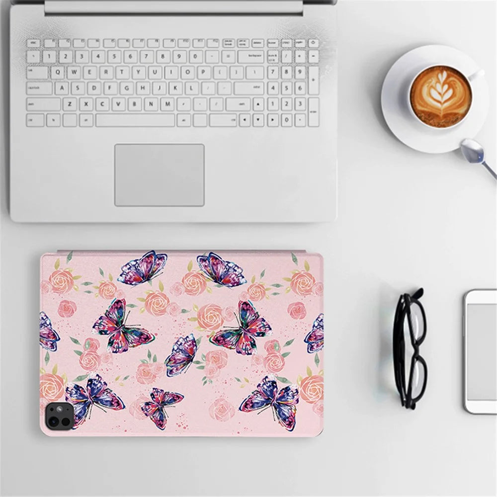For iPad Pro 11 (2025) / 11 (2024) Case Butterfly Pattern PU Leather Smart Folio Tablet Cover - Rose Butterfly - 7