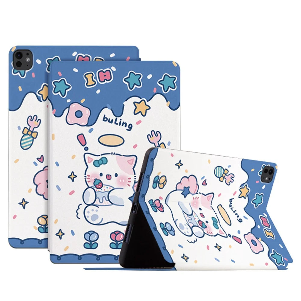 For iPad Pro 11 (2025) / 11 (2024) Case Cute Cartoon Pattern Print PU Leather Tablet Cover - Angel Cat - 1