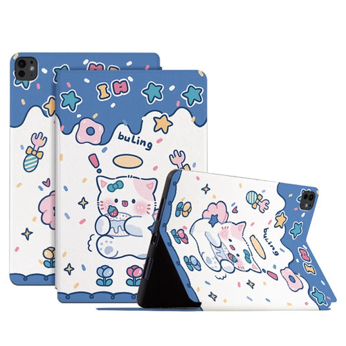 For iPad Pro 11 (2025) / 11 (2024) Case Cute Cartoon Pattern Print PU Leather Tablet Cover - Angel Cat - 1