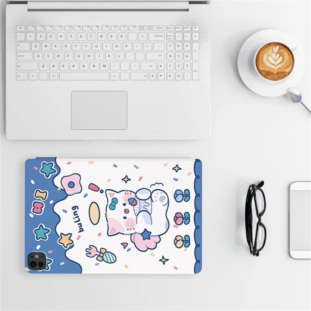 For iPad Pro 11 (2025) / 11 (2024) Case Cute Cartoon Pattern Print PU Leather Tablet Cover - Angel Cat - 7