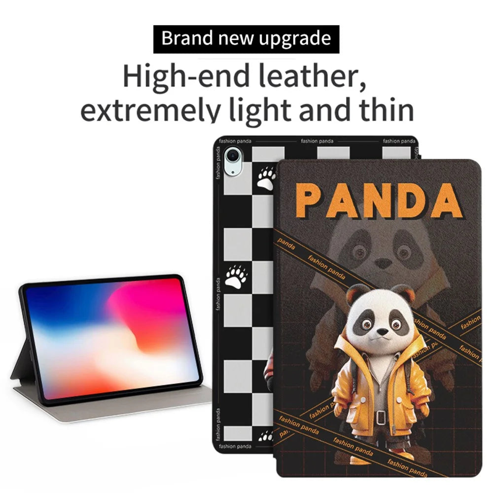 For iPad Air 11 (2026) / (2025) / (2024) / Air (2022) / (2020) Case Panda Pattern Stand Leather Tablet Cover - Fashion Panda  /  Yellow Coat - 2