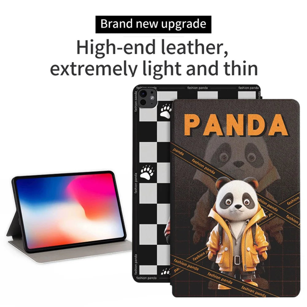 For iPad Pro 11 (2025) / 11 (2024) Case Panda Pattern PU Leather Tablet Cover with Folding Stand - Fashion Panda / Yellow Coat - 2