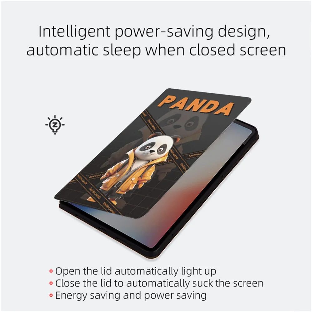 For iPad Pro 11 (2025) / 11 (2024) Case Panda Pattern PU Leather Tablet Cover with Folding Stand - Fashion Panda / Yellow Coat - 3