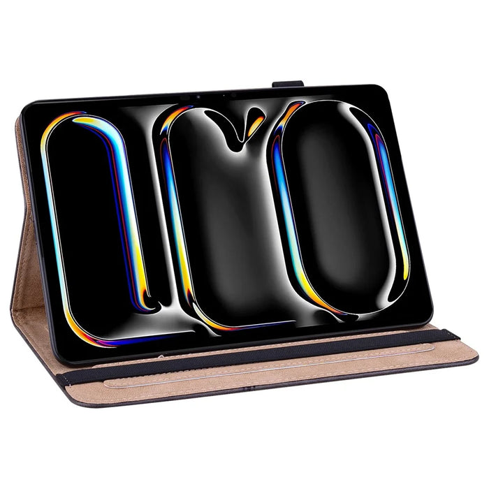 For iPad Pro 11 (2025) / 11 (2024) Case PU Leather Line Imprinted Shockproof Tablet Cover with Elastic Band - Black - 2