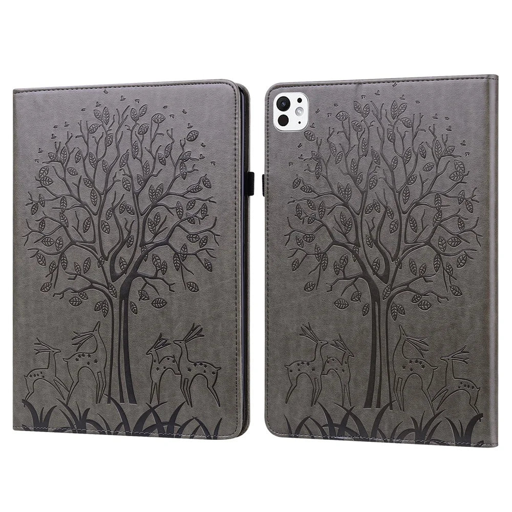 For iPad Pro 11 (2025) / 11 (2024) Case PU Leather Stand Tree Deer Pattern Tablet Cover with Card Slots - Grey - 1