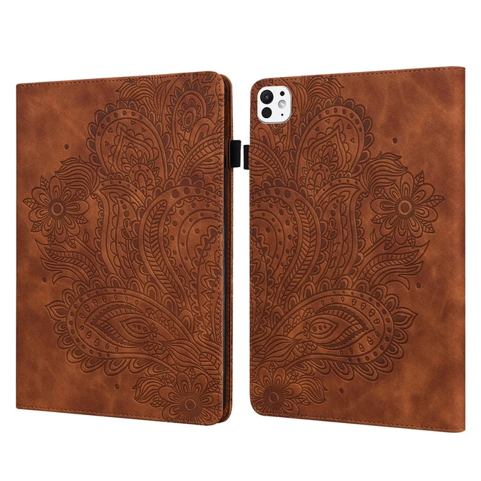 For iPad Pro 11 (2025) / 11 (2024) Case Flower Pattern Card Holder PU Leather Stand Tablet Cover - Brown - 1