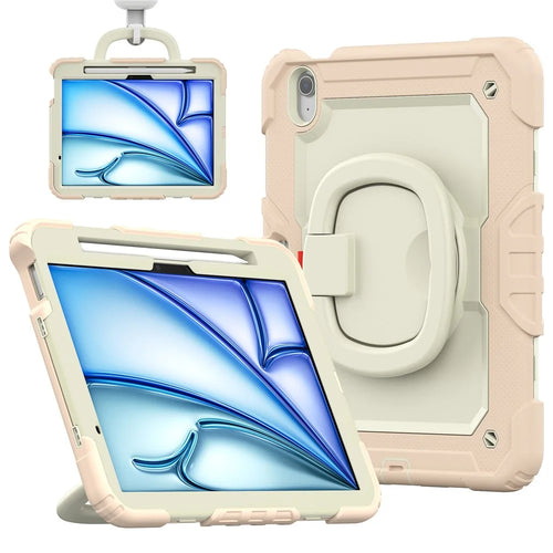 For iPad Air 11 (2026) / (2025) / (2024) Case Hand Grip Kickstand Pen Slot PC+Silicone Tablet Cover with Strap - Beige+Rose Gold - 1