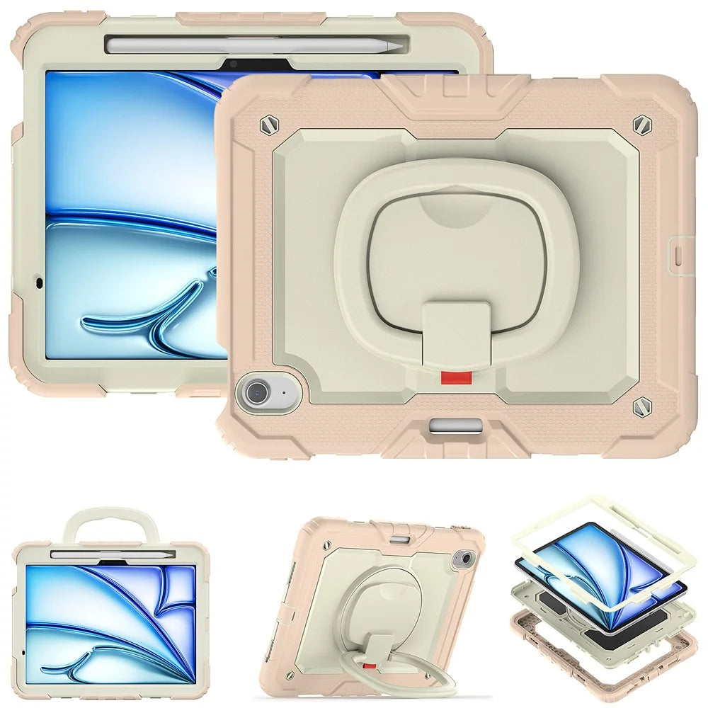 For iPad Air 11 (2026) / (2025) / (2024) Case Hand Grip Kickstand Pen Slot PC+Silicone Tablet Cover with Strap - Beige+Rose Gold - 2