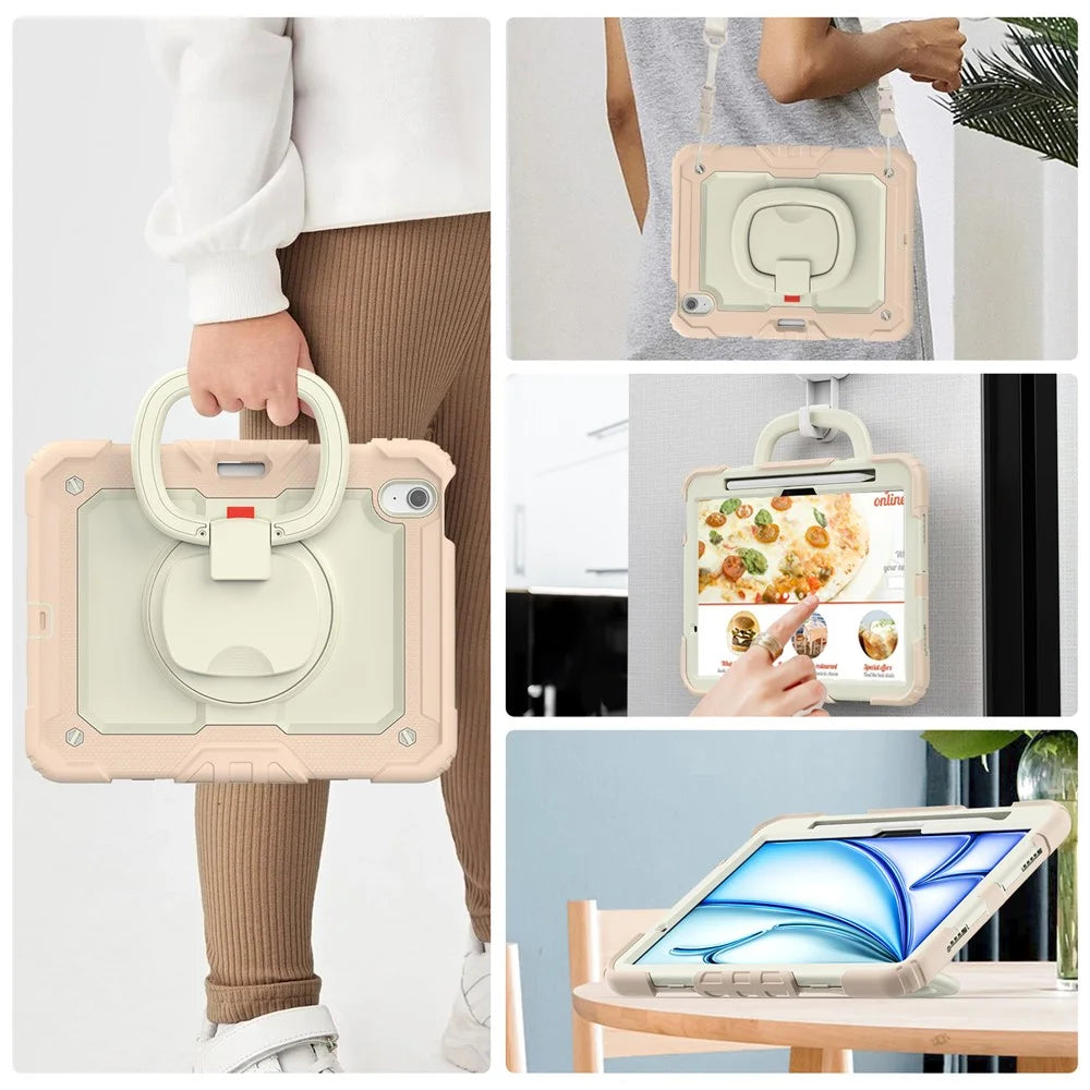 For iPad Air 11 (2026) / (2025) / (2024) Case Hand Grip Kickstand Pen Slot PC+Silicone Tablet Cover with Strap - Beige+Rose Gold - 4