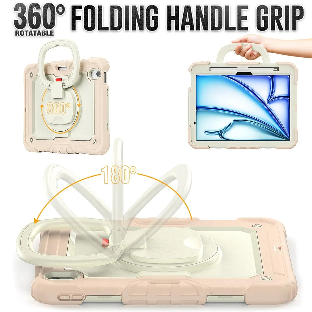 For iPad Air 11 (2026) / (2025) / (2024) Case Hand Grip Kickstand Pen Slot PC+Silicone Tablet Cover with Strap - Beige+Rose Gold - 5