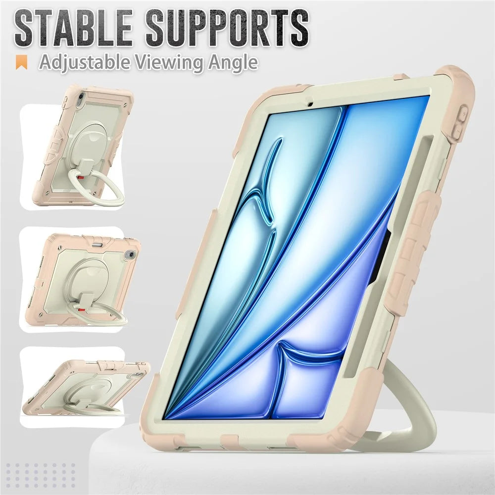 For iPad Air 11 (2026) / (2025) / (2024) Case Hand Grip Kickstand Pen Slot PC+Silicone Tablet Cover with Strap - Beige+Rose Gold - 7