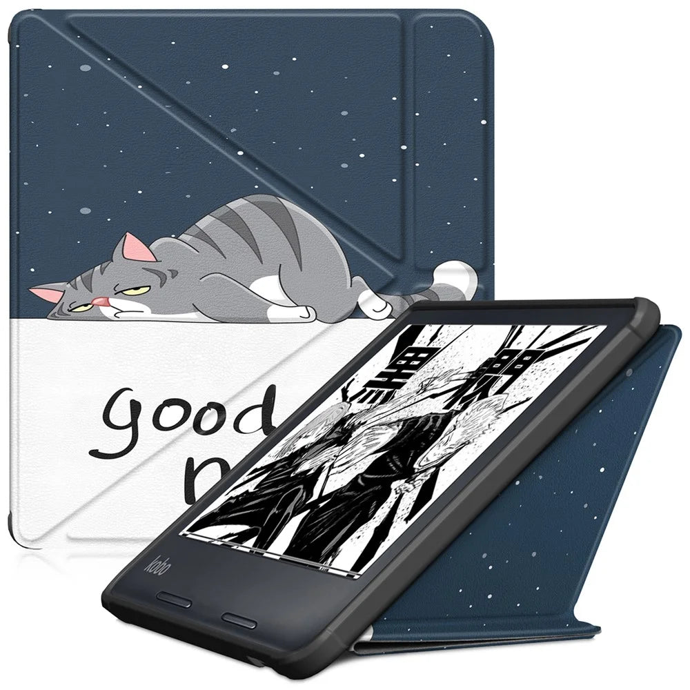 For Kobo Libra Colour / Libra 2 Case Origami Stand PU Leather Pattern E-Reader Protective Cover - Cat - 1