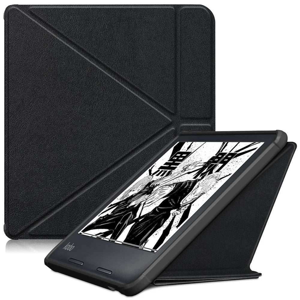For Kobo Libra Colour / Libra 2 Case PU Leather Protective E-Reader Cover Origami Stand - Black - 1