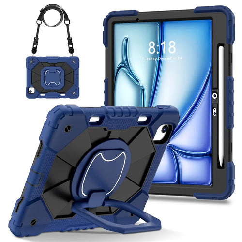 For iPad Air 11 (2026) / (2025) / (2024) Case with Shoulder Strap Silicone+PC Kickstand Tablet Cover - Navy Blue+Black - 1