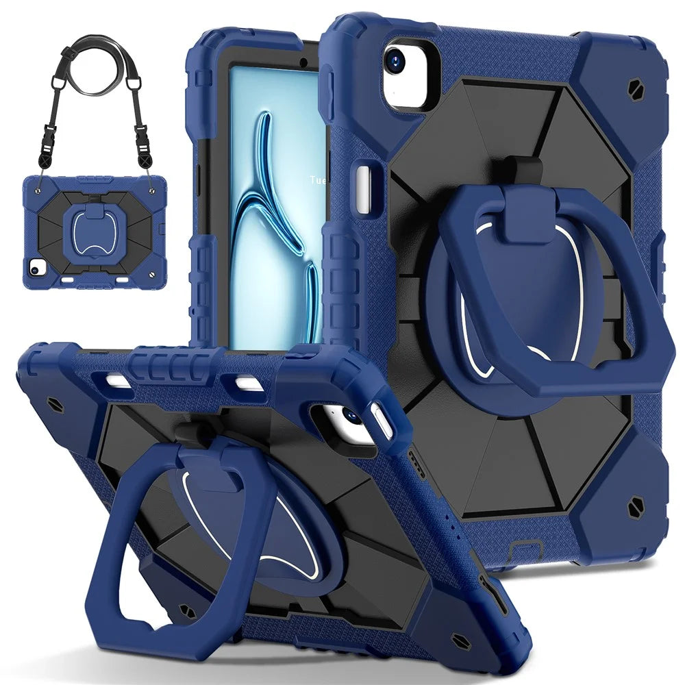 For iPad Air 11 (2026) / (2025) / (2024) Case with Shoulder Strap Silicone+PC Kickstand Tablet Cover - Navy Blue+Black - 2