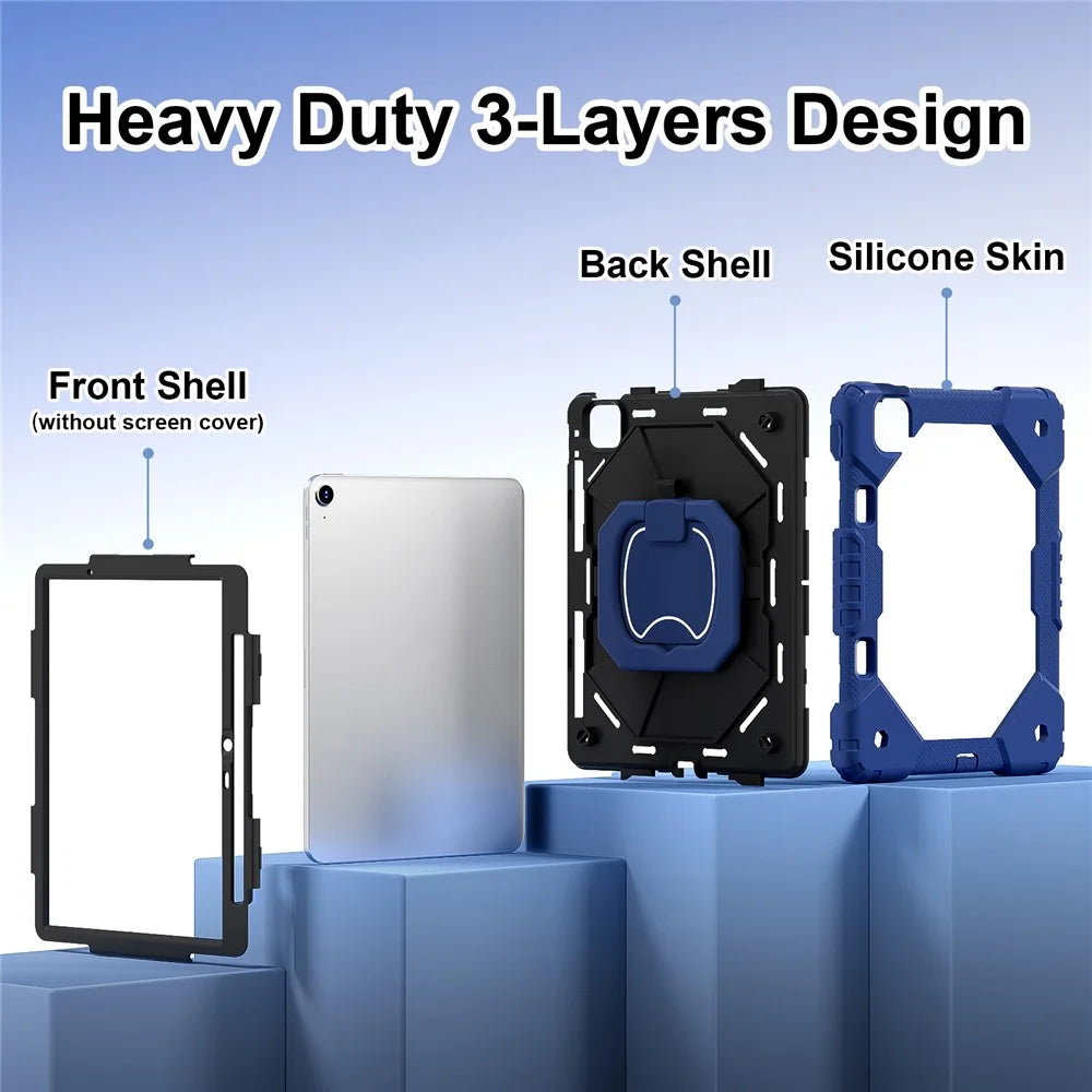 For iPad Air 11 (2026) / (2025) / (2024) Case with Shoulder Strap Silicone+PC Kickstand Tablet Cover - Navy Blue+Black - 3