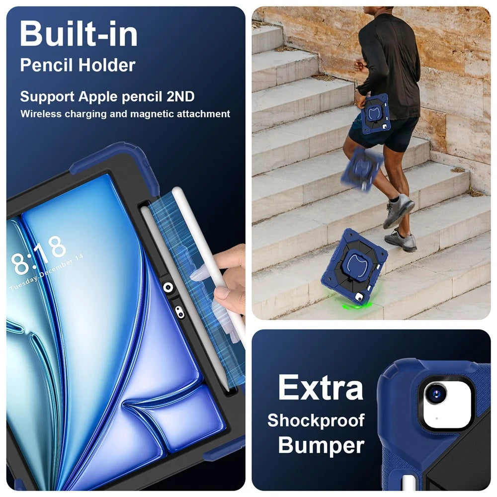 For iPad Air 11 (2026) / (2025) / (2024) Case with Shoulder Strap Silicone+PC Kickstand Tablet Cover - Navy Blue+Black - 4
